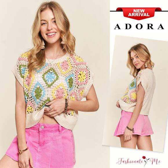 ADORA Lightweight Multicolor Floral Crochet Detail Drop Shoulder Top | Natural - Picture 1 of 5